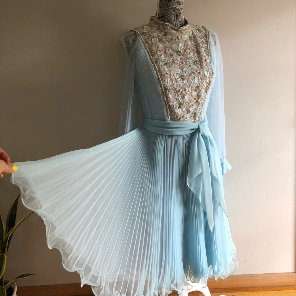 Beaded blue pleated chiffon long sleeve sheer vintage 60s dress mother of bride
